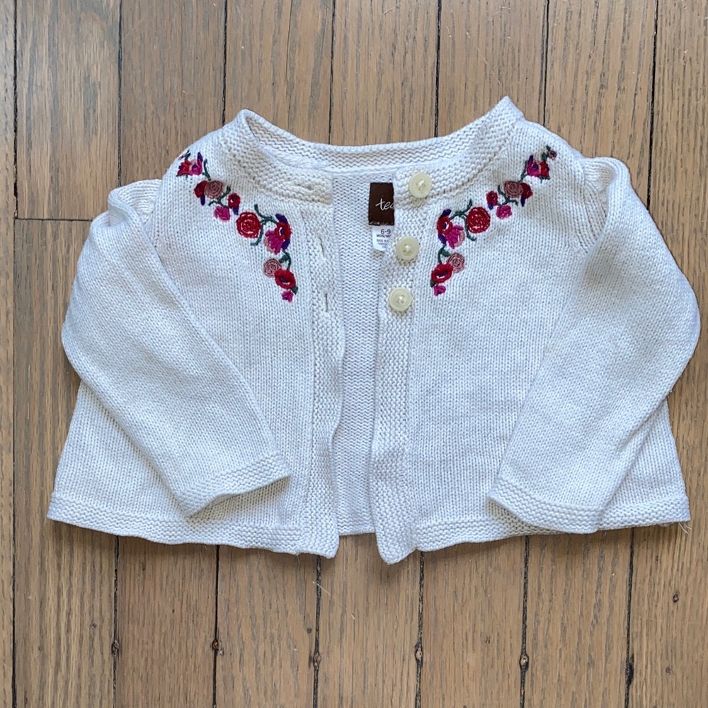 Tea Collection Cream Cardigan with Floral Embroidery Sz 6-9M